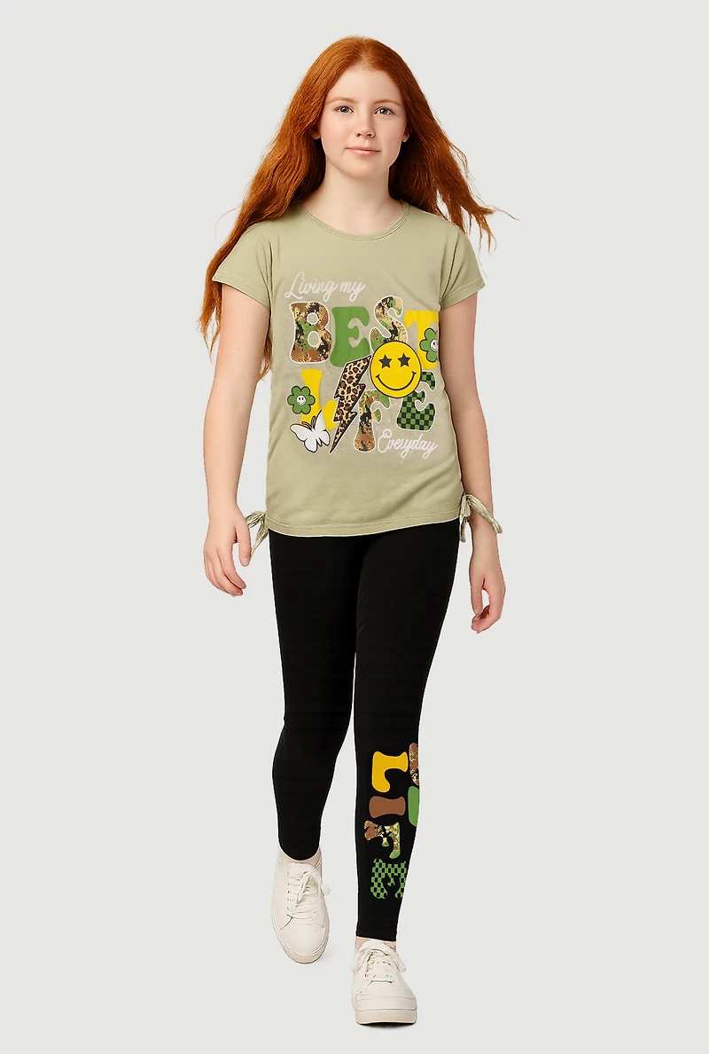 Girls Best Life Ruched Side Graphic Tee and Leggings, Green, Size 7-8