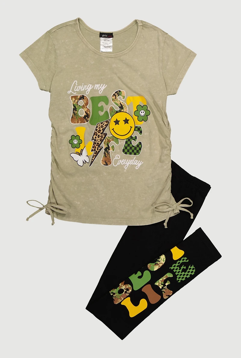 Girls Best Life Ruched Side Graphic Tee and Leggings, Green, Size 7-8