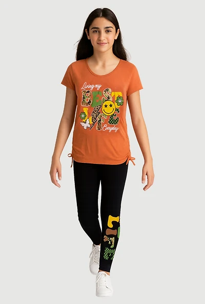 Girls Best Life Ruched Side Graphic Tee and Leggings, Orange, Size 7-8