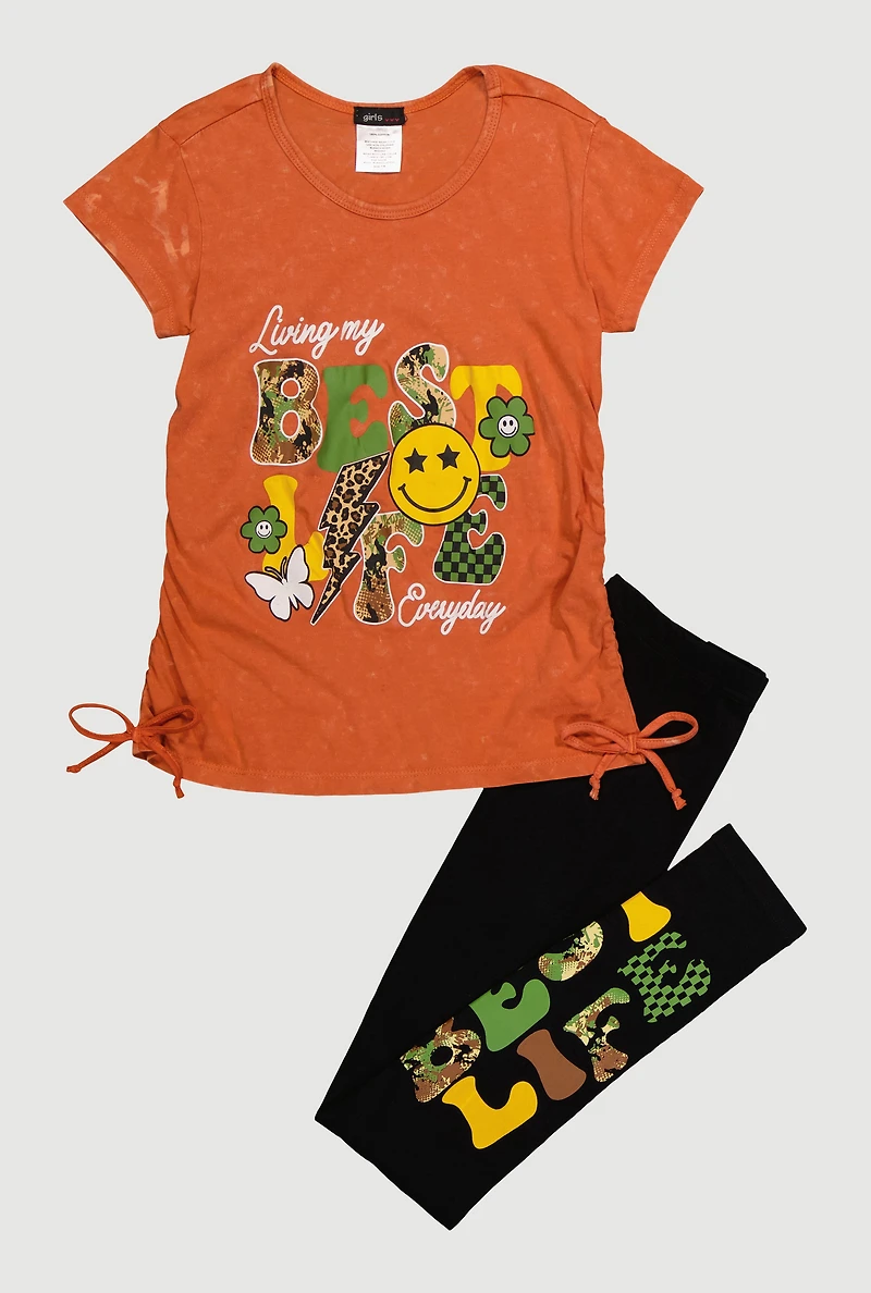 Girls Best Life Ruched Side Graphic Tee and Leggings, Orange, Size 7-8