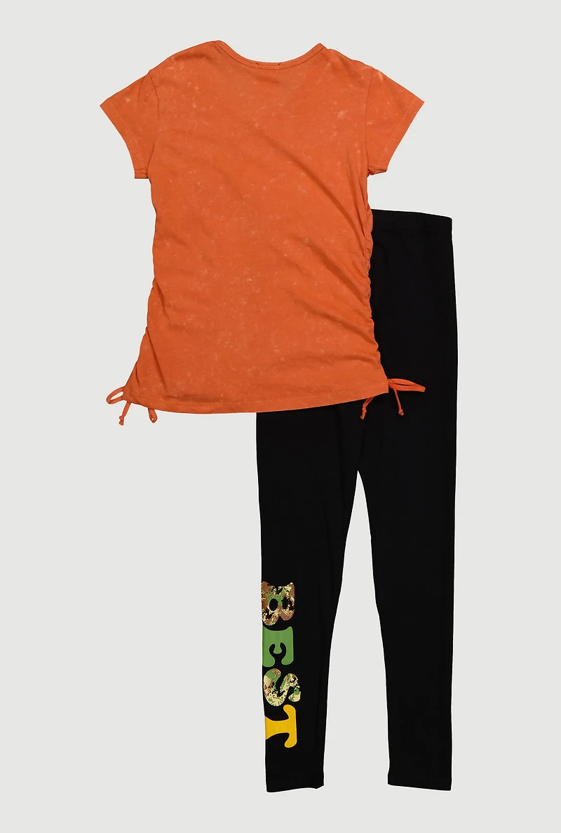 Girls Best Life Ruched Side Graphic Tee and Leggings, Orange, Size 7-8