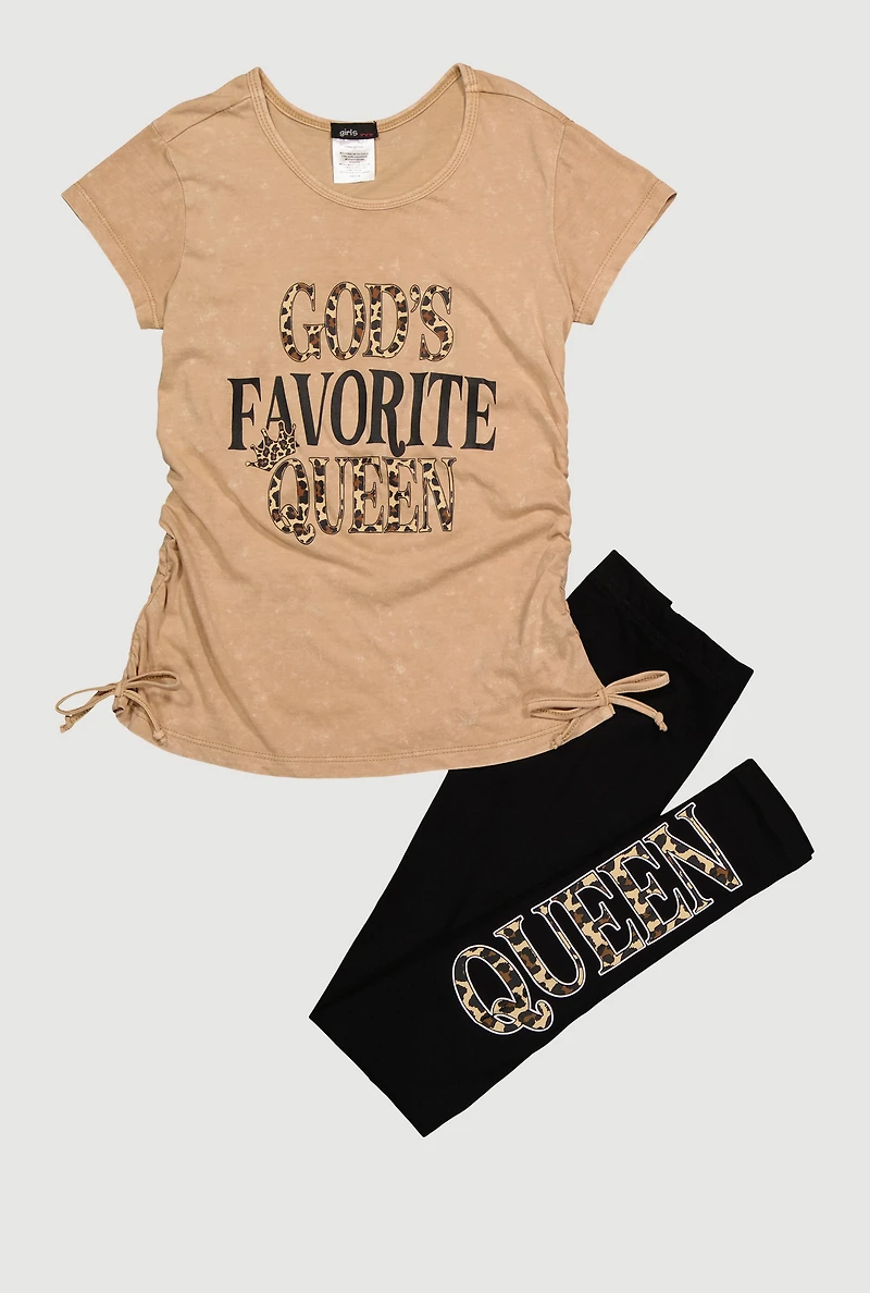 Girls Queen Ruched Side Graphic Tee and Leggings,