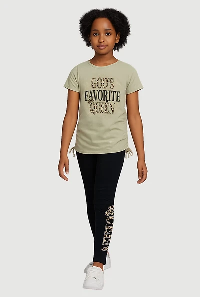Girls Queen Ruched Side Graphic Tee and Leggings, Green, Size 7-8