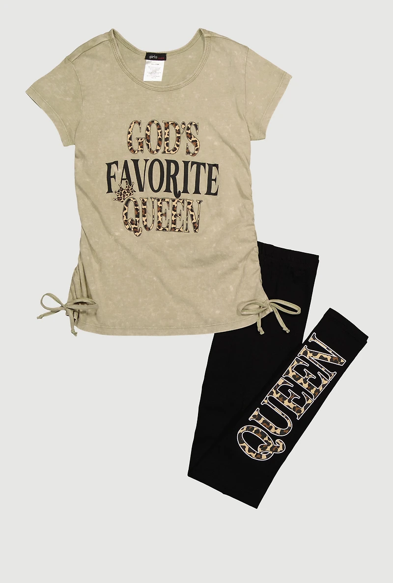 Girls Queen Ruched Side Graphic Tee and Leggings, Green, Size 14-16