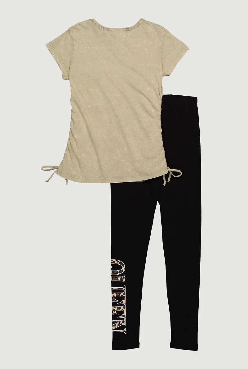 Girls Queen Ruched Side Graphic Tee and Leggings, Green, Size 14-16