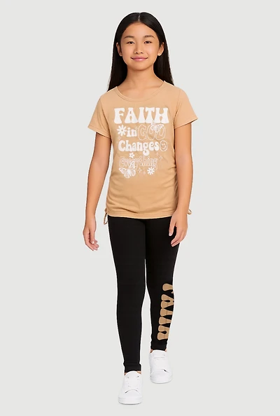 Girls Faith in God Graphic Top and Leggings Set, Beige, Size 7-8