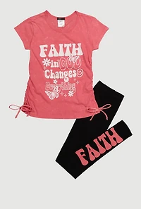 Girls Faith God Graphic Top and Leggings Set, Pink,