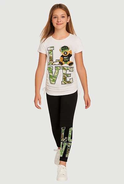 Girls Love BRKLYN Bear Graphic Tee and Leggings 2 Piece Set, White, Size 10-12