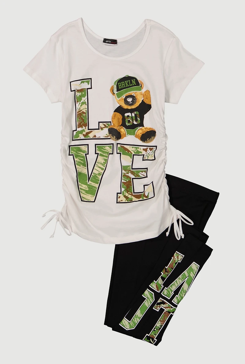 Girls Love BRKLYN Bear Graphic Tee and Leggings 2 Piece Set, White, Size 7-8