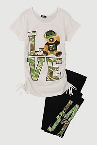 Girls Love BRKLYN Bear Graphic Tee and Leggings 2 Piece Set, White, Size 7-8