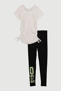 Girls Love BRKLYN Bear Graphic Tee and Leggings 2 Piece Set, White, Size 7-8