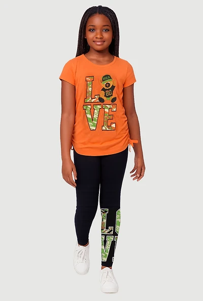 Girls Love BRKLYN Bear Graphic Tee and Leggings 2 Piece Set, Orange, Size 10-12