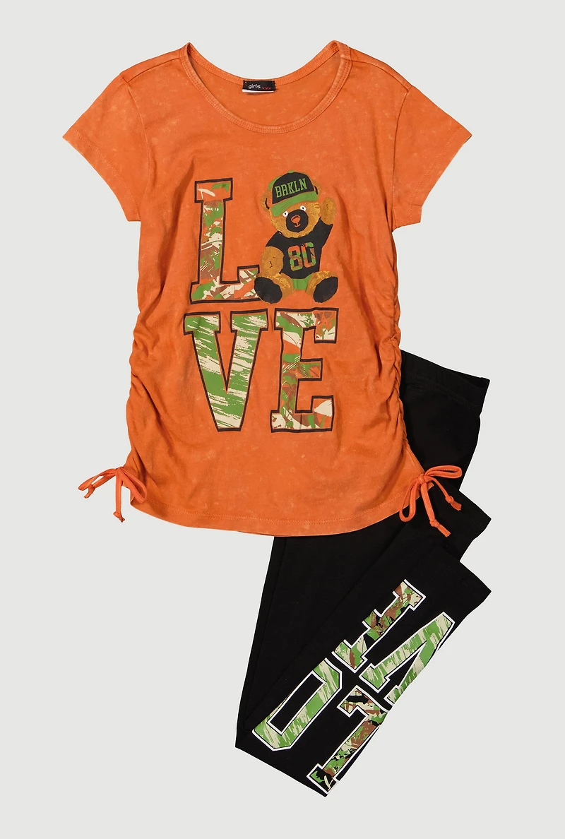 Girls Love BRKLYN Bear Graphic Tee and Leggings 2 Piece Set, Orange, Size 10-12