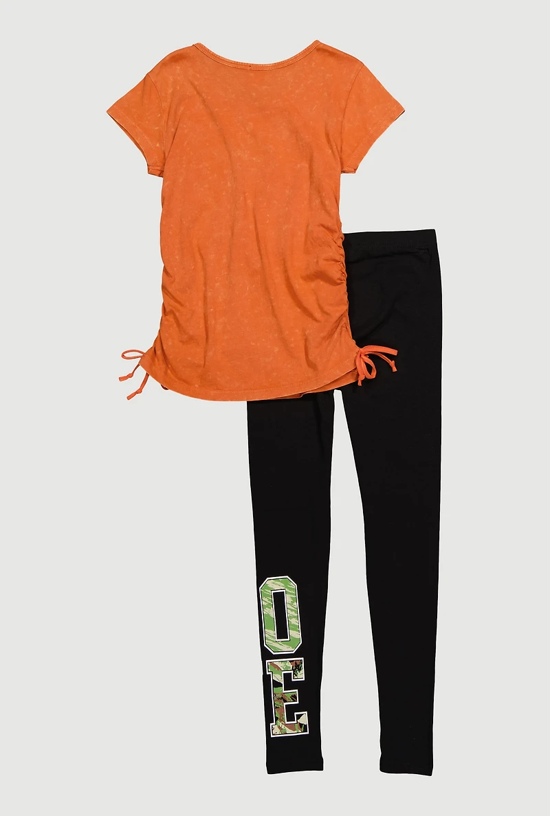 Girls Love BRKLYN Bear Graphic Tee and Leggings 2 Piece Set, Orange, Size 10-12