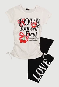Girls Love Yourself Girls Graphic Tee and Leggings, White, Size 7-8