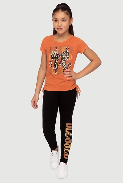 Girls Blessed Animal Print Bow Graphic Tee and Leggings, Orange,