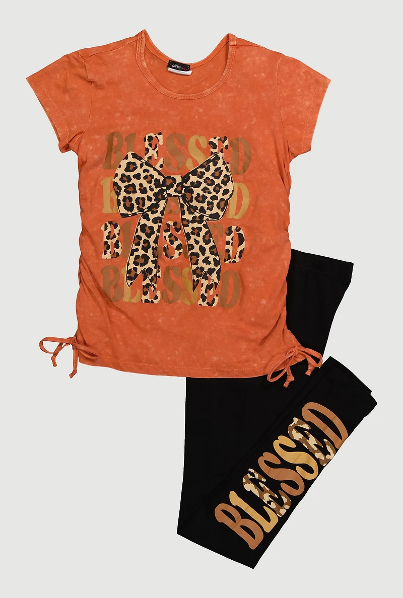 Girls Blessed Animal Print Bow Graphic Tee and Leggings, Orange,