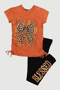 Girls Blessed Animal Print Bow Graphic Tee and Leggings, Orange,