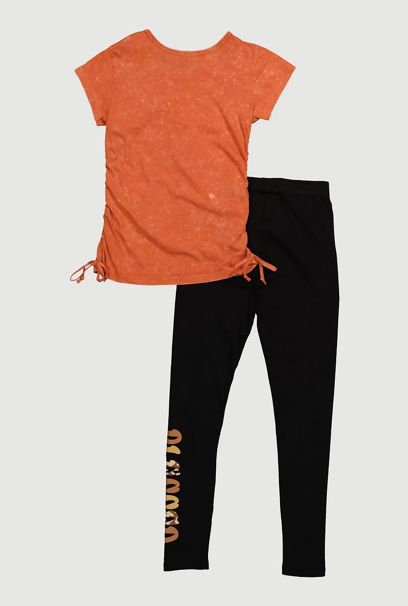 Girls Blessed Animal Print Bow Graphic Tee and Leggings, Orange,