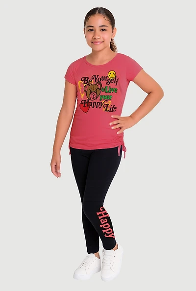 Girls Be Yourself Happy Life Graphic Tee and Leggings Set, Pink, Size 7-8