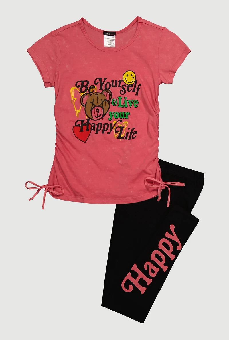 Girls Be Yourself Happy Life Graphic Tee and Leggings Set, Pink, Size 7-8