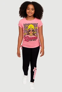 Girls Queen Like My Mom Checkered Graphic Tee and Leggings, Pink, Size 10-12