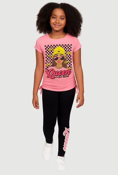 Girls Queen Like My Mom Checkered Graphic Tee and Leggings, Pink, Size 10-12