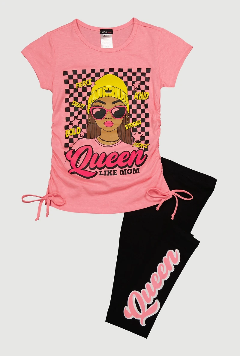 Girls Queen Like My Mom Checkered Graphic Tee and Leggings, Pink, Size 10-12
