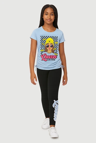 Girls Queen Like My Mom Checkered Graphic Tee and Leggings, 7-8