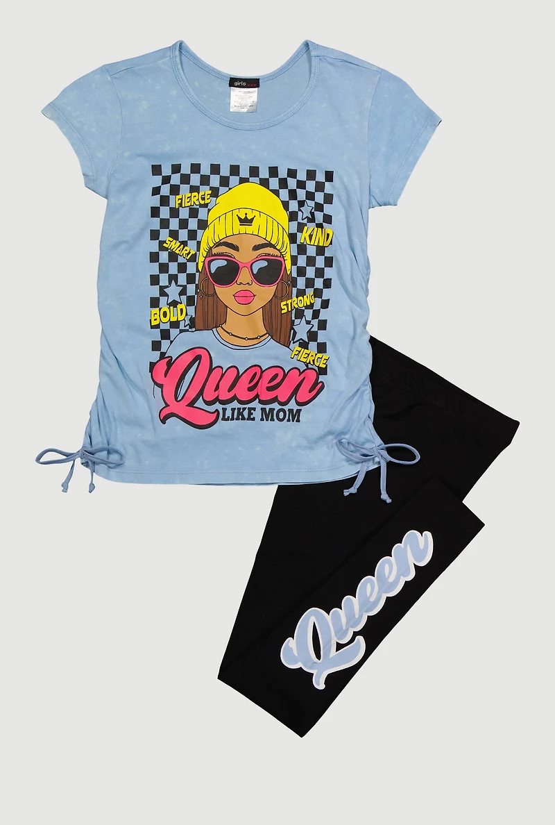 Girls Queen Like My Mom Checkered Graphic Tee and Leggings, 7-8