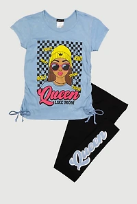 Girls Queen Like My Mom Checkered Graphic Tee and Leggings, 7-8
