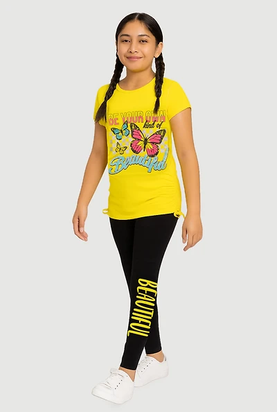 Girls Beautiful Butterfly Graphic Tee and Leggings, Yellow, Size 14-16