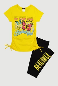 Girls Beautiful Butterfly Graphic Tee and Leggings, Yellow, Size 14-16