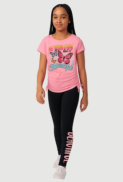 Girls Beautiful Butterfly Graphic Tee and Leggings, Pink, Size 10-12