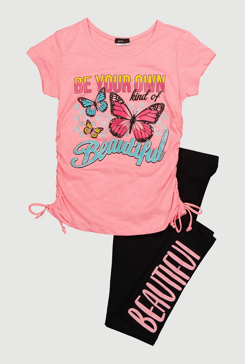 Girls Beautiful Butterfly Graphic Tee and Leggings, Pink, Size 10-12