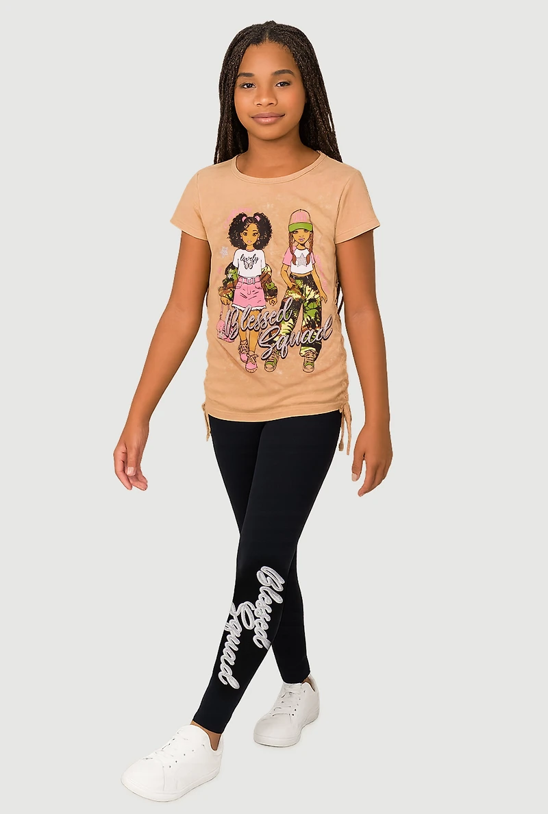 Girls Blessed Squad Graphic Tee and Leggings Set, Beige, Size 10-12