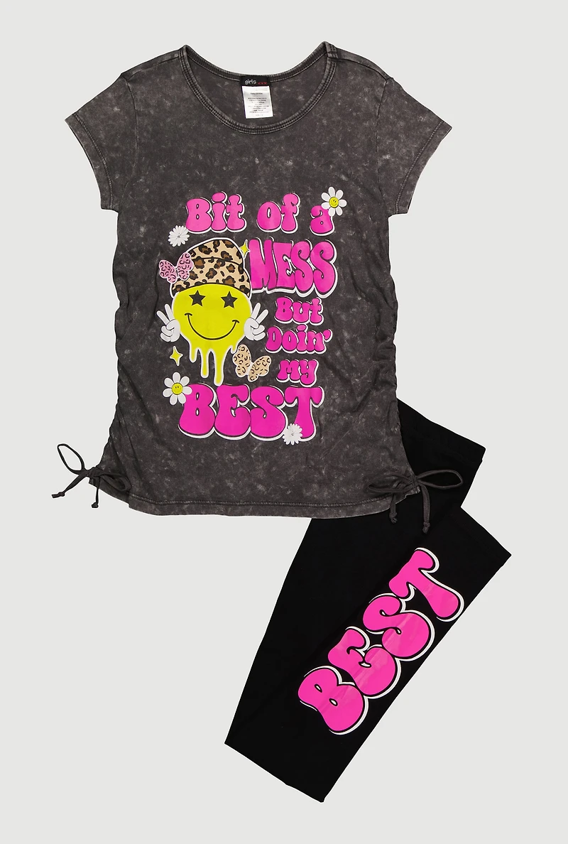 Girls Bit of a Mess But Doin My Best Tee and Leggings, Grey, Size 14-16