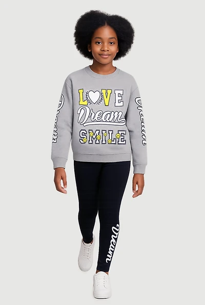 Girls Love Dream Smile Graphic Sweatshirt and Leggings, Grey, Size 10-12