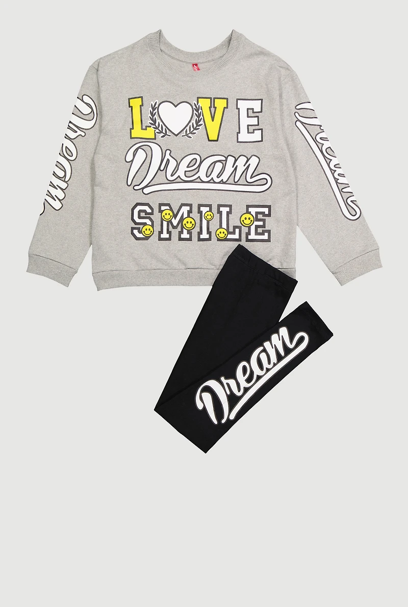 Girls Love Dream Smile Graphic Sweatshirt and Leggings, Grey, Size 10-12