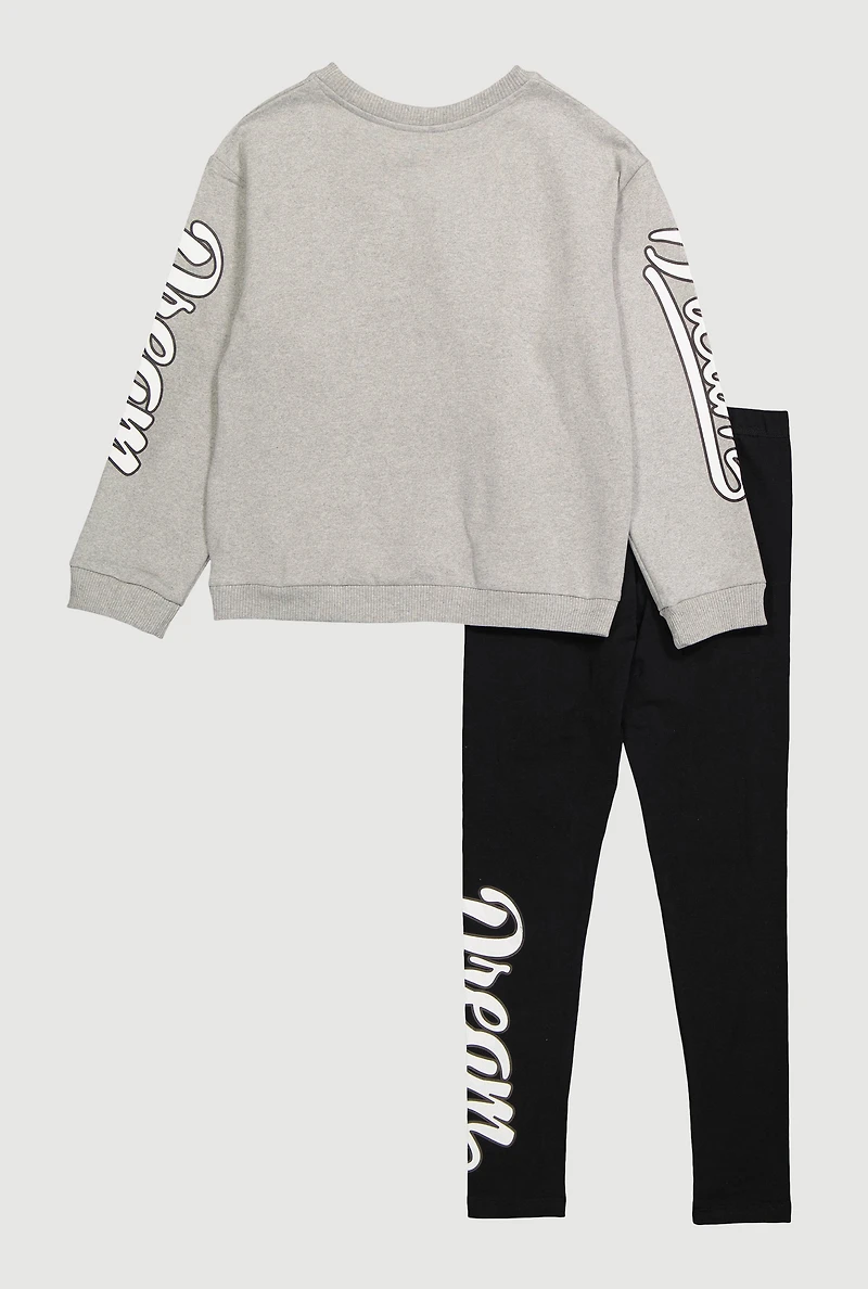 Girls Love Dream Smile Graphic Sweatshirt and Leggings, Grey, Size 10-12