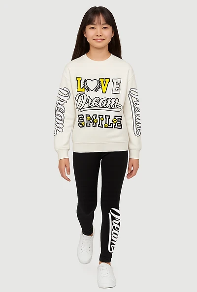 Girls Love Dream Smile Graphic Sweatshirt and Leggings, White, Size 10-12