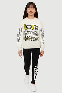 Girls Love Dream Smile Graphic Sweatshirt and Leggings, White, Size 10-12