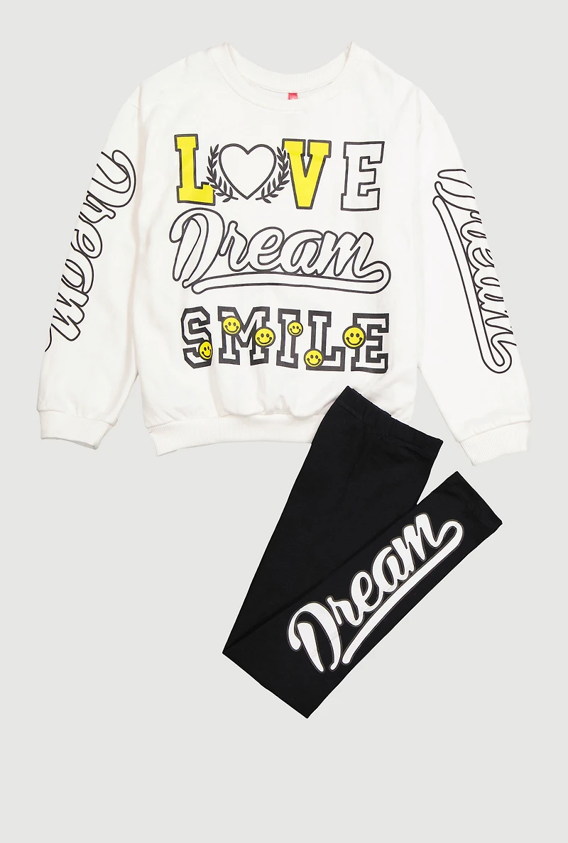 Girls Love Dream Smile Graphic Sweatshirt and Leggings, White, Size 10-12
