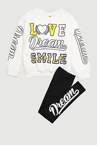 Girls Love Dream Smile Graphic Sweatshirt and Leggings, White, Size 10-12