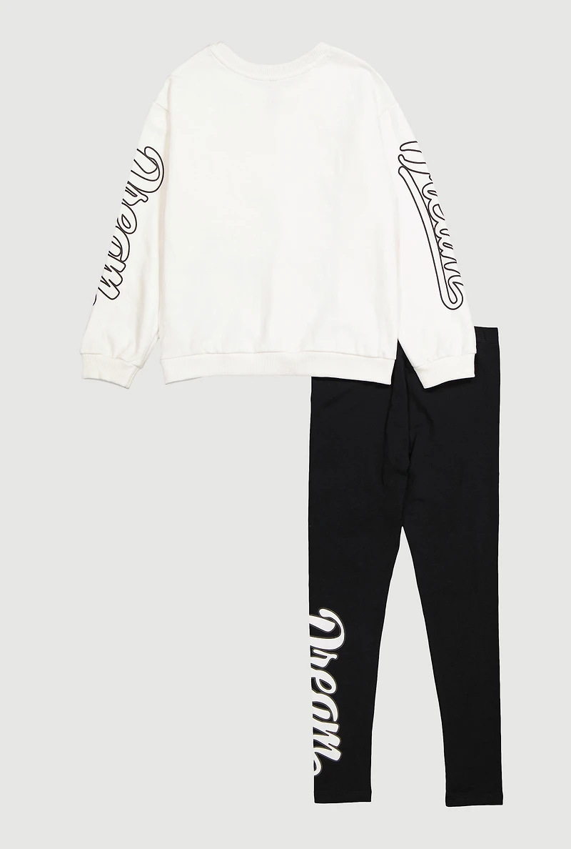 Girls Love Dream Smile Graphic Sweatshirt and Leggings, White, Size 10-12
