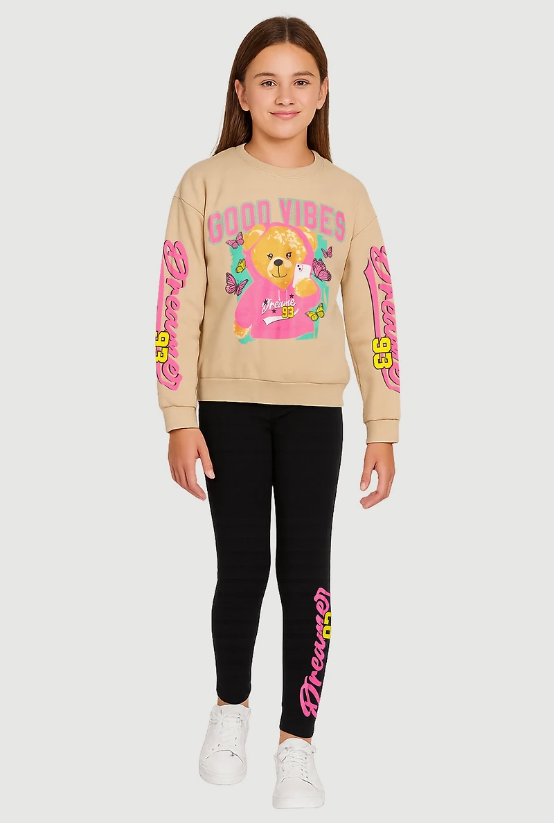 Girls Good Vibes Dreamer 93 Sweatshirt and Leggings, Beige, Size 7-8