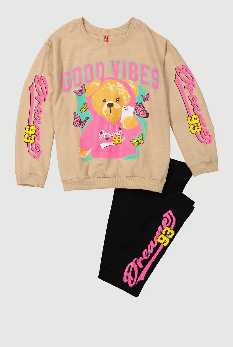 Girls Good Vibes Dreamer 93 Sweatshirt and Leggings, Beige, Size 7-8