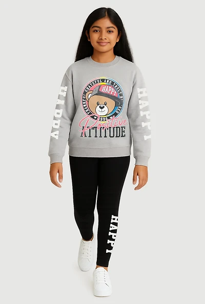Girls Positive Attitude Bear Graphic Sweatshirt and Leggings, Grey, Size 7-8