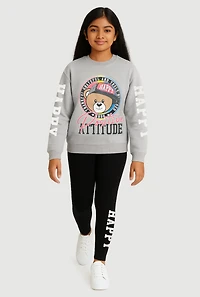Girls Positive Attitude Bear Graphic Sweatshirt and Leggings, Grey, Size 7-8