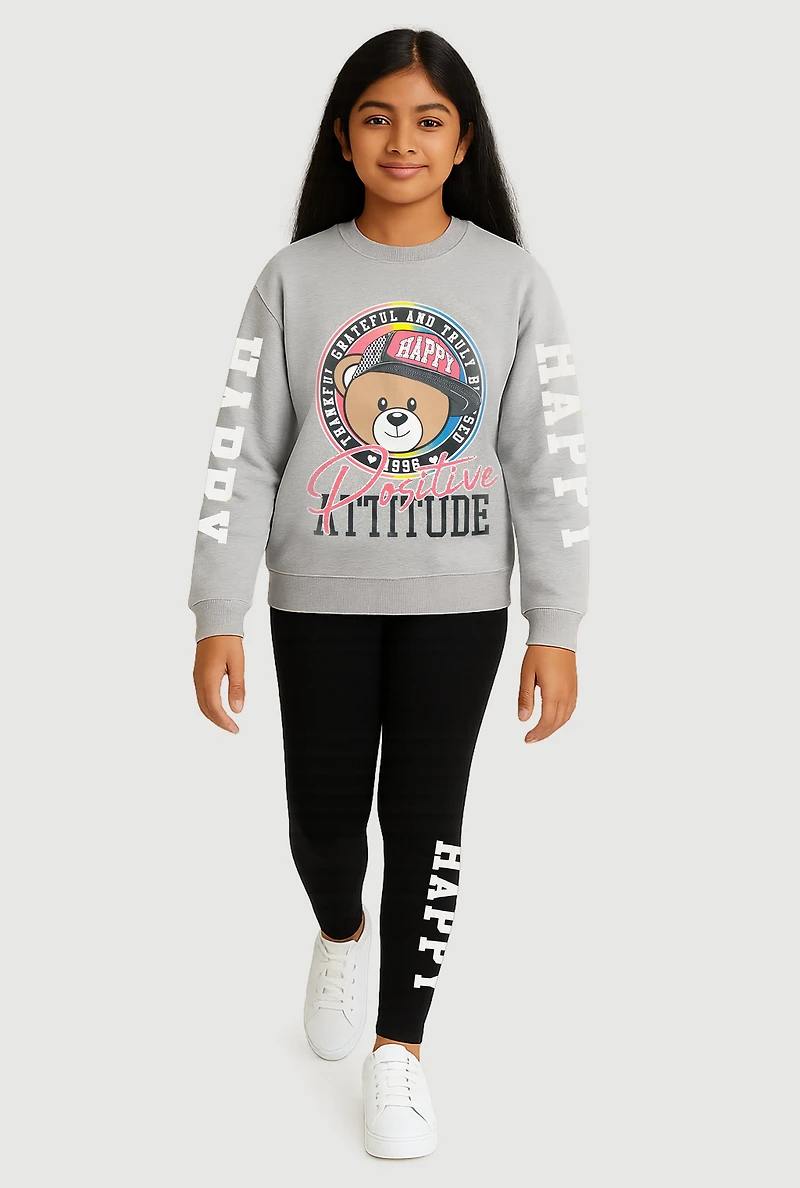 Girls Positive Attitude Bear Graphic Sweatshirt and Leggings, Grey, Size 10-12